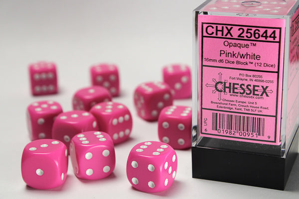 Dice - Chessex - D6 Set (12 ct.) - 16mm - Opaque - Pink/ White