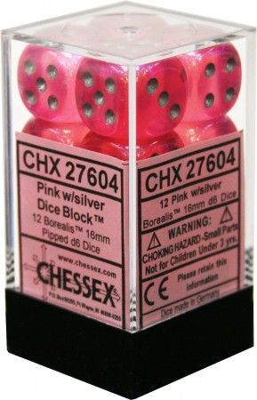 Dice - Chessex - D6 Set (12 ct.) - 16mm - Borealis - Pink/Silver