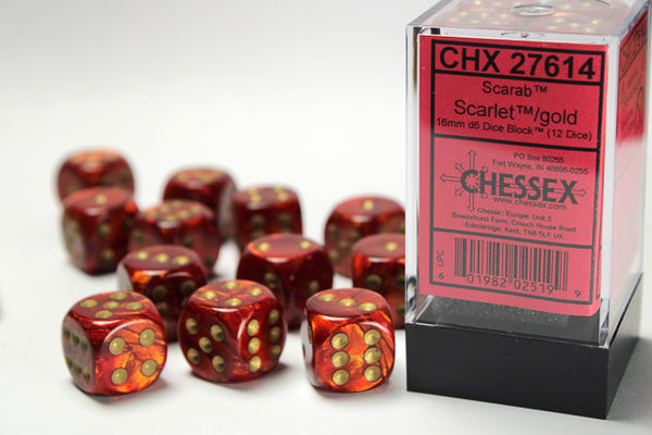 Dice - Chessex - D6 Set (12 ct.) - 16mm - Scarab - Scarlet/Gold