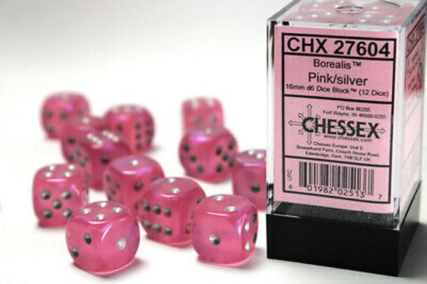 Dice - Chessex - D6 Set (12 ct.) - 16mm - Borealis - Pink/Silver