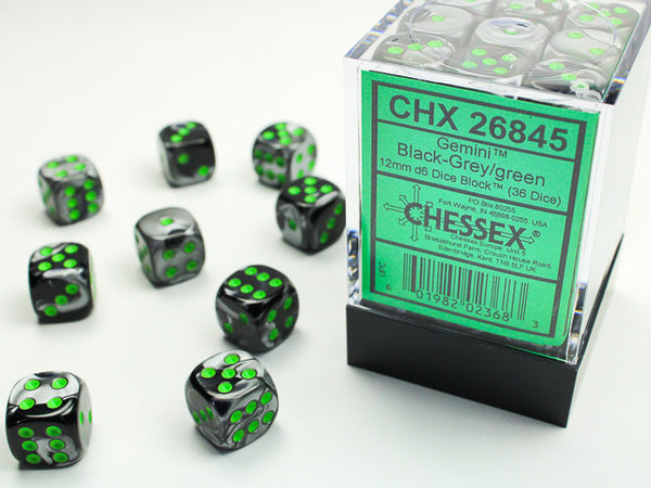 Dice - Chessex - D6 Set (36 ct.) - 12mm - Gemini - Black Gray/Green