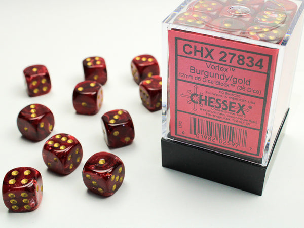 Dice - Chessex - D6 Set (36 ct.) - 12mm - Vortex - Burgundy/Gold