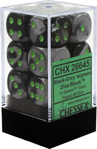 Dice - Chessex - D6 Set (12 ct.) - 16mm - Gemini - Black Gray/Green
