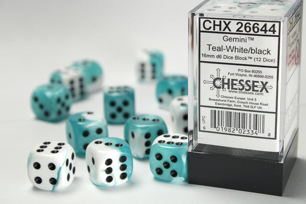 Dice - Chessex - D6 Set (12 ct.) - 16mm - Gemini - White Teal/Black