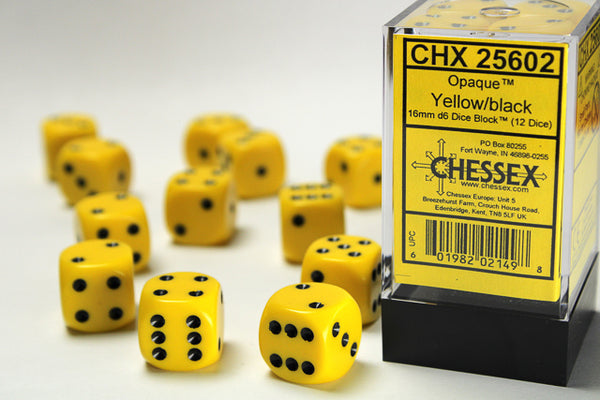 Dice - Chessex - D6 Set (12 ct.) - 16mm - Opaque - Yellow/Black