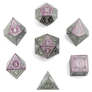 Dice - Hymgho - Polyhedral Set (7 ct.) - 16mm - Solid Metal - Glitter Purple with Silver - Bard