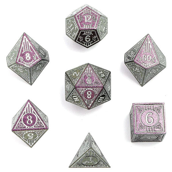 Dice - Hymgho - Polyhedral Set (7 ct.) - 16mm - Solid Metal - Glitter Purple with Silver - Bard