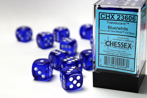 Dice - Chessex - D6 Set (12 ct.) - 16mm - Translucent - Blue/White