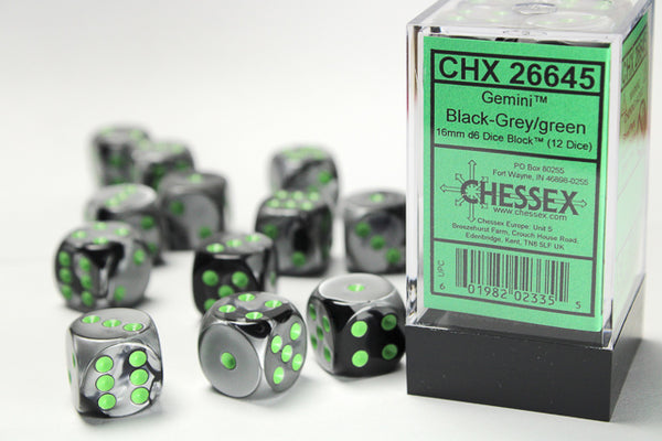 Dice - Chessex - D6 Set (12 ct.) - 16mm - Gemini - Black Gray/Green