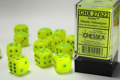 Dice - Chessex - D6 Set (12 ct.) - 16mm - Vortex - Electric Yellow/Green