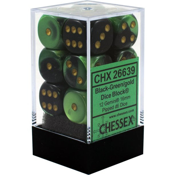 Dice - Chessex - D6 Set (12 ct.) - 16mm - Gemini - Black Green/Gold