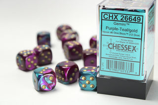 Dice - Chessex - D6 Set (12 ct.) - 16mm - Gemini - Purple Teal/Gold