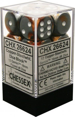 Dice - Chessex - D6 Set (12 ct.) - 16mm - Gemini - Copper Steel/White