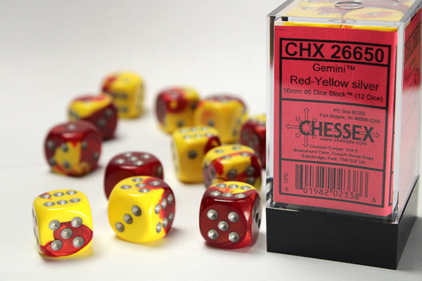 Dice - Chessex - D6 Set (12 ct.) - 16mm - Gemini - Red Yellow/Silver
