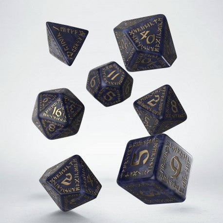 Dice - Q-Workshop - Polyhedral Set (7 ct.) - 16mm - Runic Dice Set - Mixed-Blue & Gold
