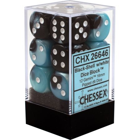 Dice - Chessex - D6 Set (12 ct.) - 16mm - Gemini - Black Shell/White