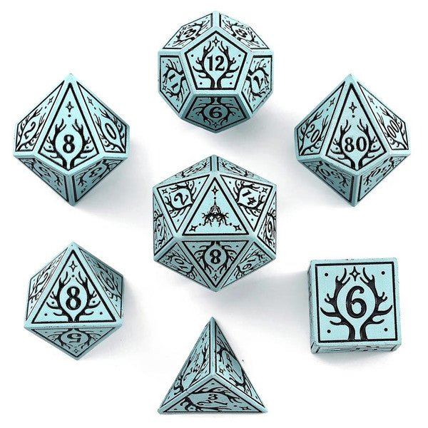 Dice - Hymgho - Polyhedral Set (7 ct.) - 16mm - Solid Metal - Cyan with Black - Druid