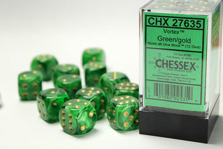 Dice - Chessex - D6 Set (12 ct.) - 16mm - Vortex - Green/Gold/Black