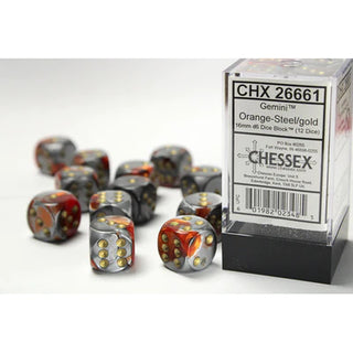 Dice - Chessex - D6 Set (12 ct.) - 16mm - Gemini - Orange/Steel/Gold