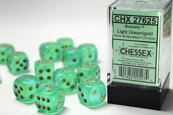 Dice - Chessex - D6 Set (12 ct.) - 16mm - Borealis - Light Green/Gold