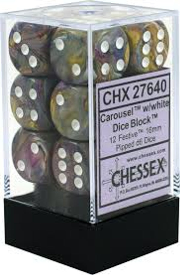 Dice - Chessex - D6 Set (12 ct.) - 16mm - Festive - Carousel/White