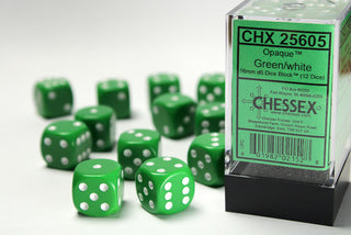 Dice - Chessex - D6 Set (12 ct.) - 16mm - Opaque - Green/White