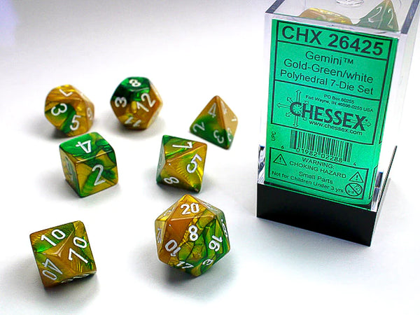 Dice - Chessex - Polyhedral Set (7 ct.) - 16mm - Gemini - Gold Green/White