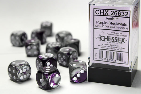 Dice - Chessex - D6 Set (12 ct.) - 16mm - Gemini - Purple Steel/White