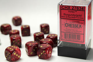 Dice - Chessex - D6 Set (12 ct.) - 16mm - Vortex - Burgundy/Gold/Black