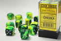 Dice - Chessex - D6 Set (12 ct.) - 16mm - Gemini - Green Yellow/Silver