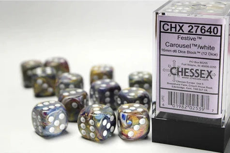 Dice - Chessex - D6 Set (12 ct.) - 16mm - Festive - Carousel/White