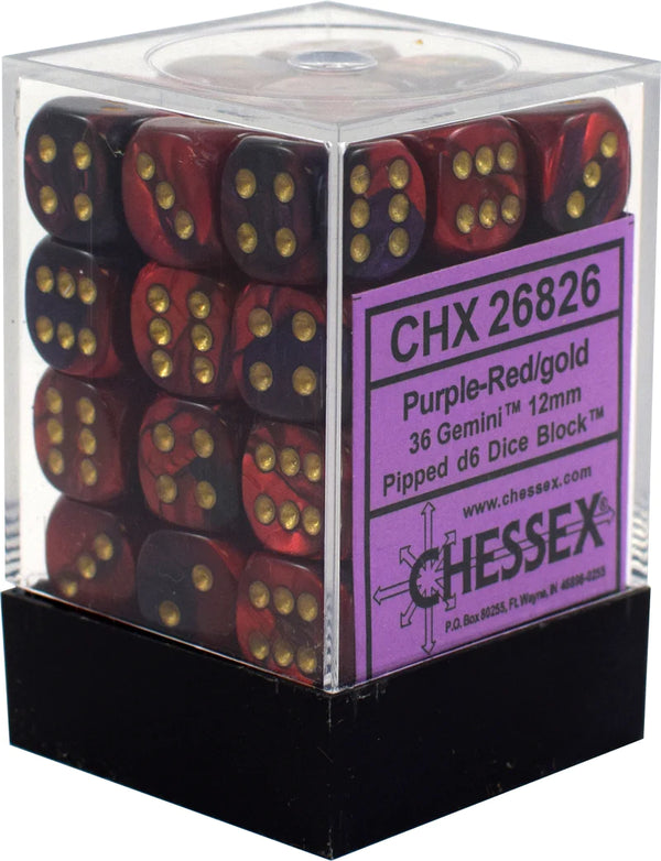 Dice - Chessex - D6 Set (36 ct.) - 12mm - Gemini - Purple Red/Gold