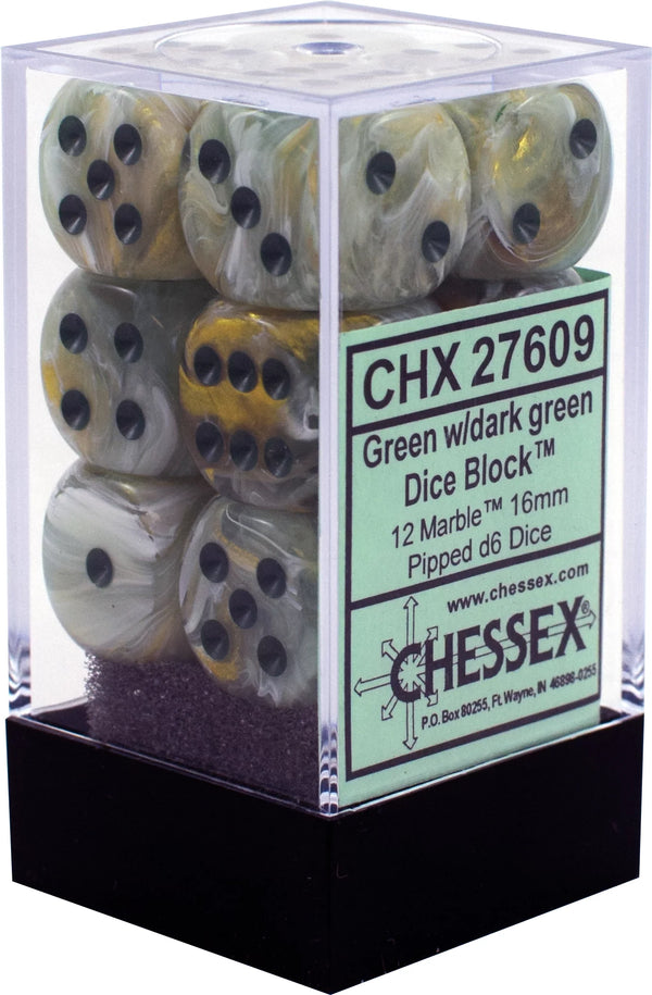 Dice - Chessex - D6 Set (12 ct.) - 16mm - Marble - Green/Dark Green