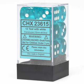 Dice - Chessex - D6 Set (12 ct.) - 16mm - Translucent - Teal/White