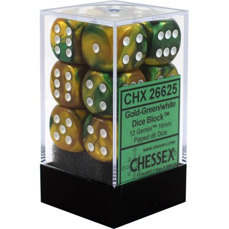 Dice - Chessex - D6 Set (12 ct.) - 16mm - Gemini - Gold Green/White