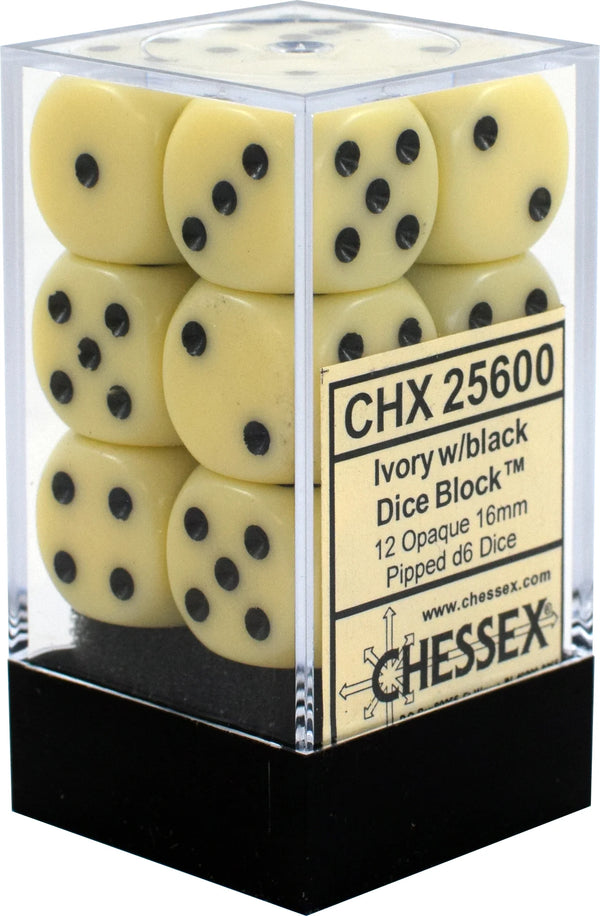 Dice - Chessex - D6 Set (12 ct.) - 16mm - Opaque - Ivory/Black