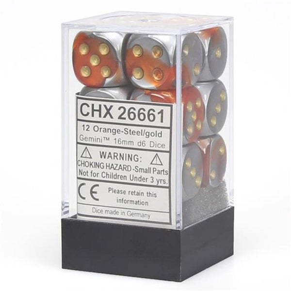 Dice - Chessex - D6 Set (12 ct.) - 16mm - Gemini - Orange/Steel/Gold