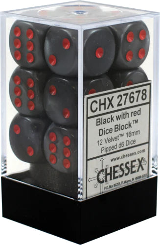 Dice - Chessex - D6 Set (12 ct.) - 16mm - Velvet - Black/Red/Black