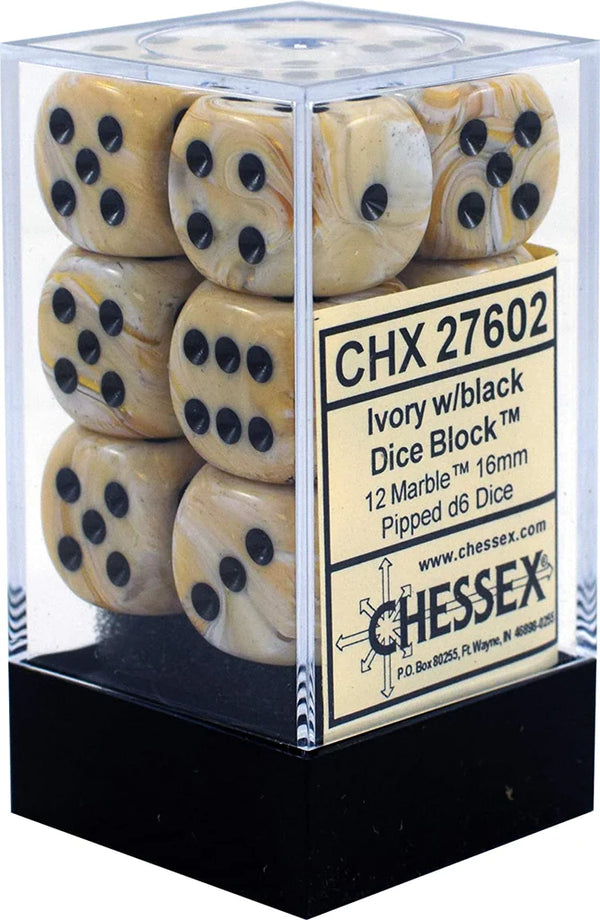 Dice - Chessex - D6 Set (12 ct.) - 16mm - Marble - Ivory/Black