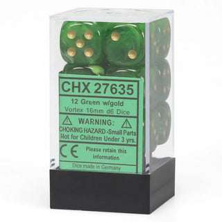 Dice - Chessex - D6 Set (12 ct.) - 16mm - Vortex - Green/Gold/Black