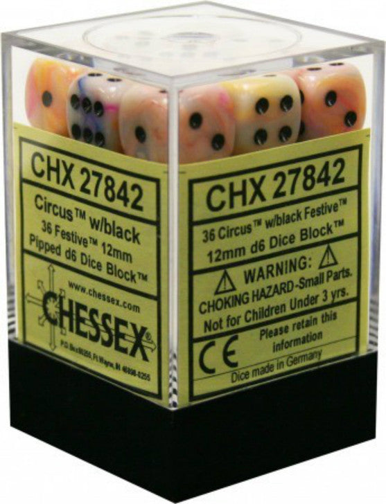 Dice - Chessex - D6 Set (36 ct.) - 12mm - Festive - Circus/Black