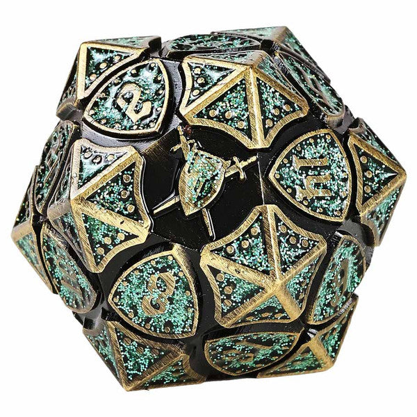 Dice - Hymgho - Polyhedral Set (7 ct.) - 16mm - Solid Metal - Ancient Bronze with Green Glitter - Fighter