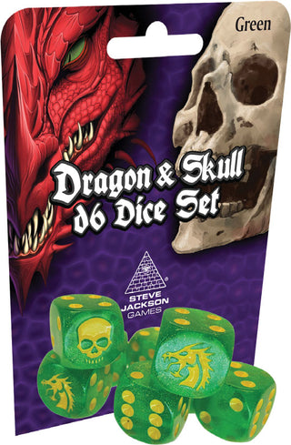 Dice - Steve Jackson Games - D6 Set (6 ct.) - 16mm - Dragon and Skull (Green Glitter)