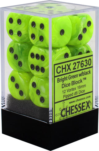 Dice - Chessex - D6 Set (12 ct.) - 16mm - Vortex - Bright Green/Black