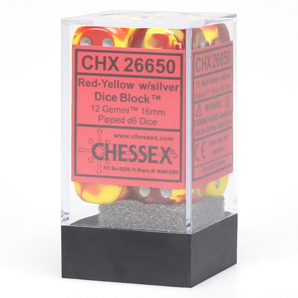 Dice - Chessex - D6 Set (12 ct.) - 16mm - Gemini - Red Yellow/Silver