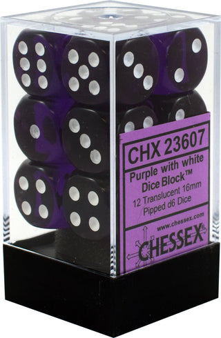 Dice - Chessex - D6 Set (12 ct.) - 16mm - Translucent - Purple/White