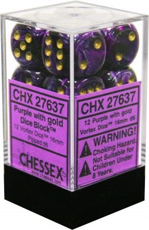 Dice - Chessex - D6 Set (12 ct.) - 16mm - Vortex - Purple/Gold/Black