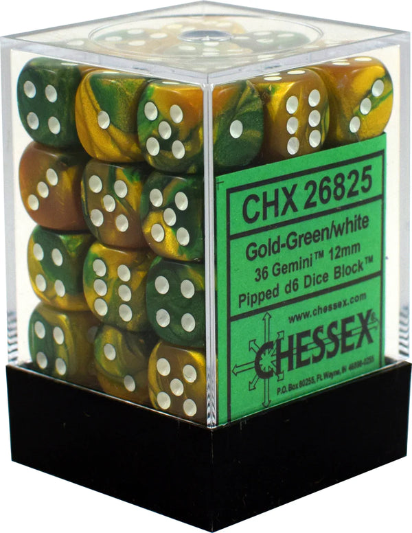 Dice - Chessex - D6 Set (36 ct.) - 12mm - Gemini - Gold Green/White