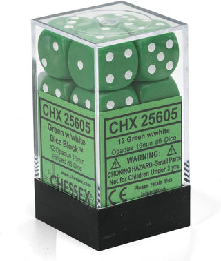 Dice - Chessex - D6 Set (12 ct.) - 16mm - Opaque - Green/White