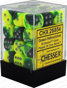 Dice - Chessex - D6 Set (36 ct.) - 12mm - Gemini - Green Yellow/Silver